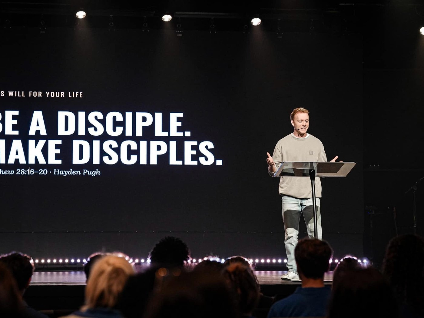 Hayden Pugh on stage: Be a disciple. Make disciples.